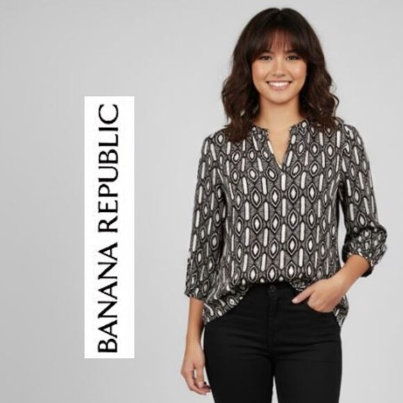 BANANA REPUBLIC - Black and off-white chevron print 3/4 sleeve blouse - Picture 1 of 9